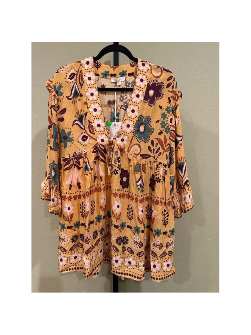 Easel Los Angeles Boho Mustard Yellow Multicolor Floral Babydoll Tunic Top Size - Picture 2 of 7